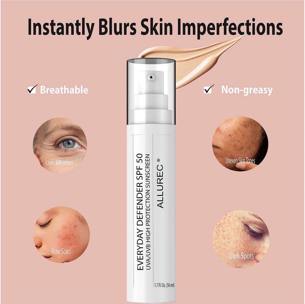 ALLUREC® Tinted Mineral Sunscreen for Face SPF 50 Broad-Spectrum UVA/UVB High Protection Facial Lotion Moisturizer with Titanium Dioxide & Zinc Oxide. Non-Greasy. Blur Pores Wrinkles Spots Instantly