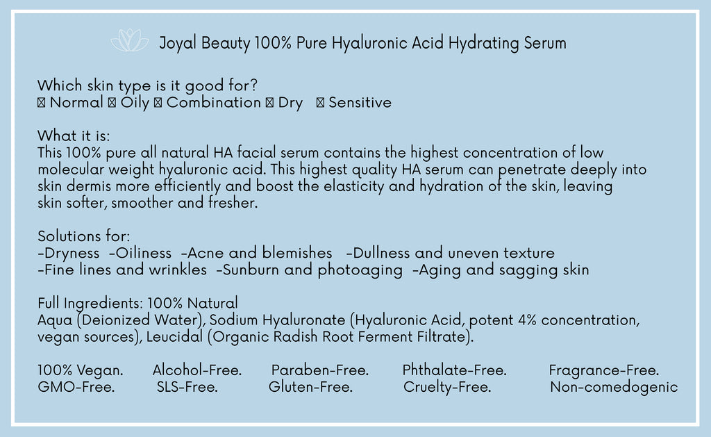 100% Pure Original Hyaluronic Acid Serum for Face Skin Eyes and Lips