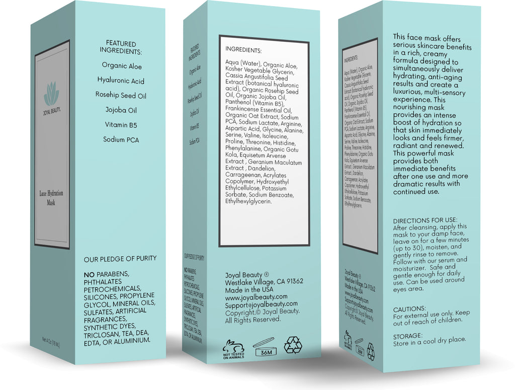 Organic Luxe Hydration Facial Face Mask with Hyaluronic Acid.